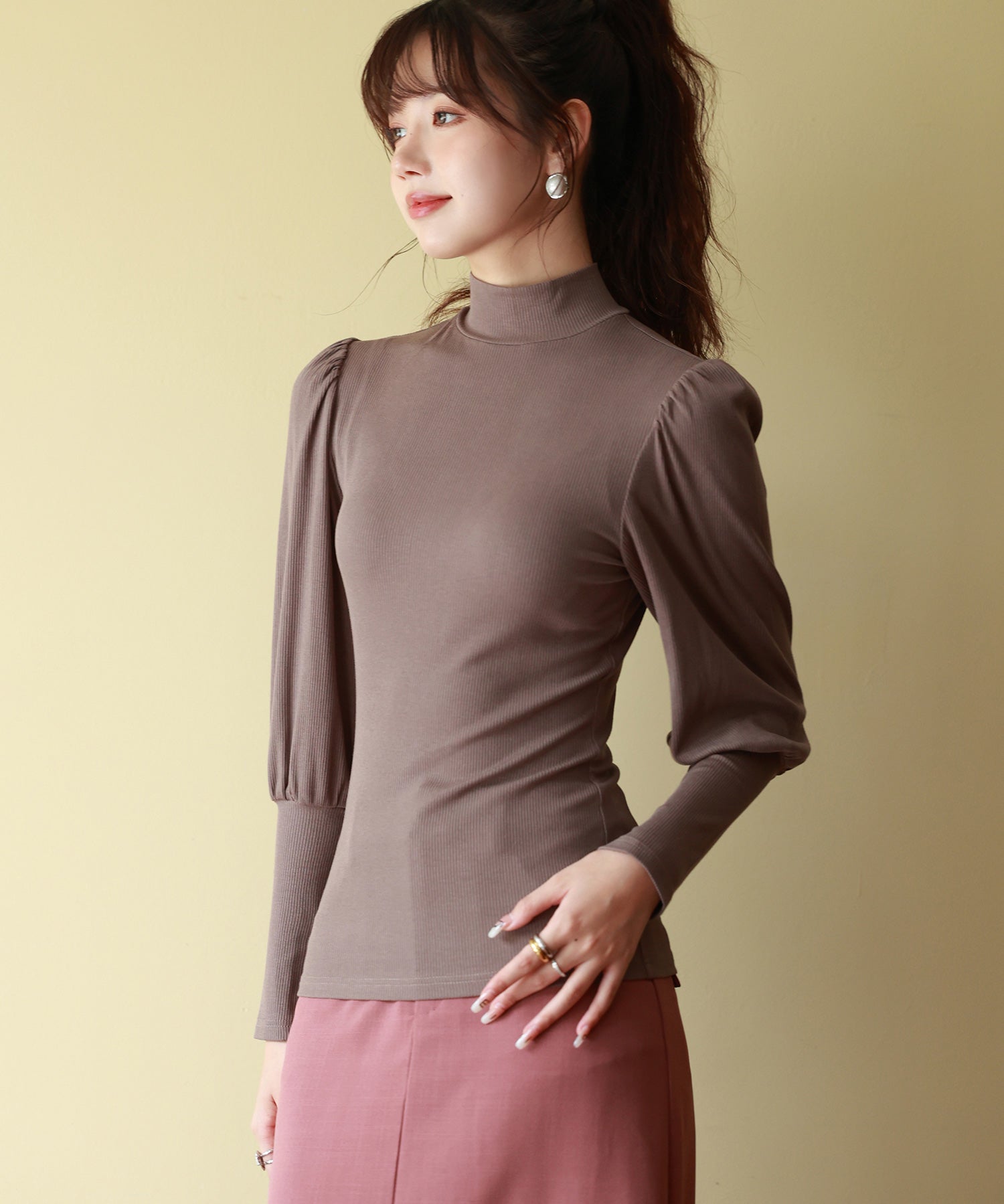 バルーンスリーブプチハイネックカットソーsdp0038 モカ