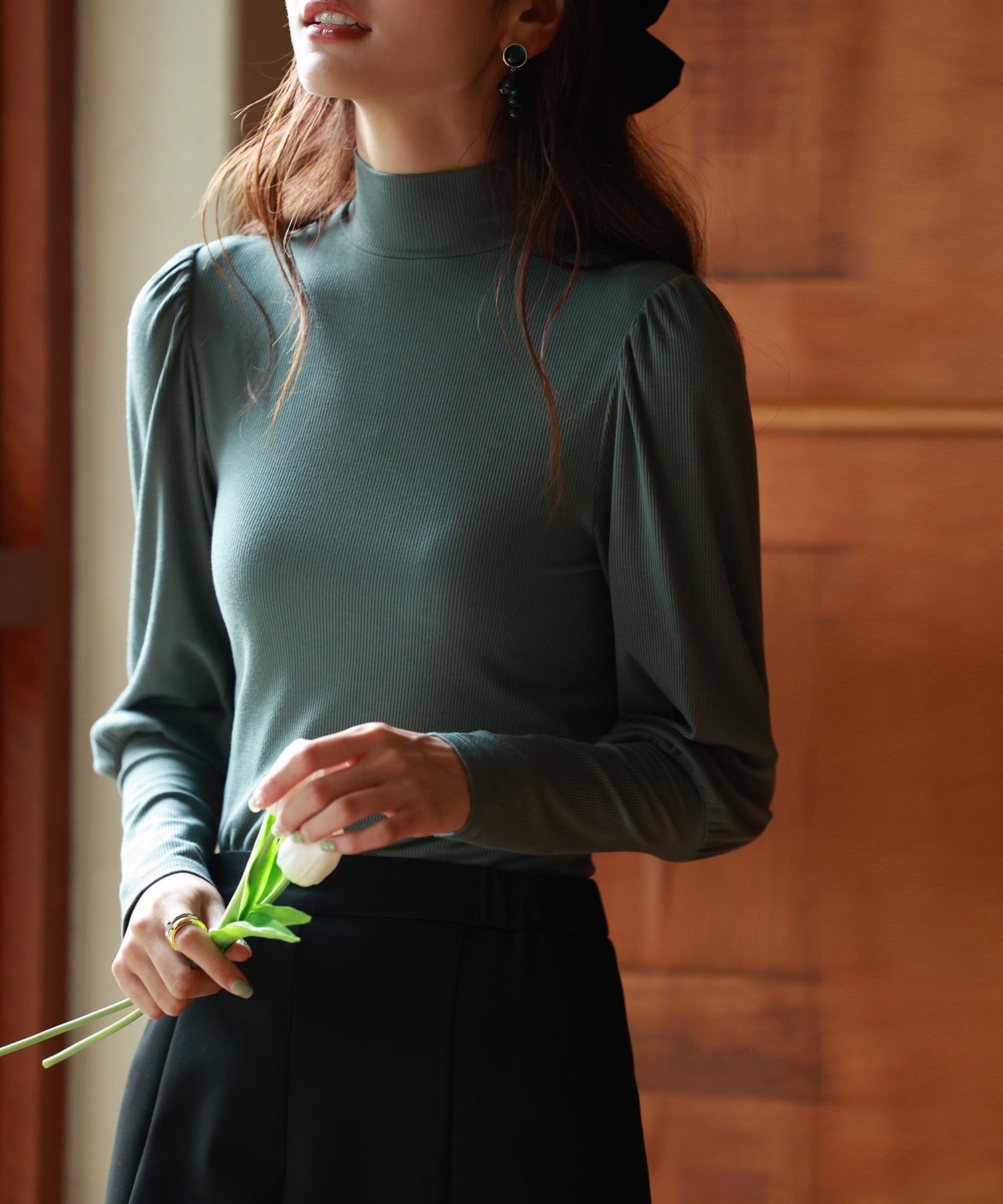 バルーンスリーブプチハイネックカットソーsdp0038 ダークグリーン