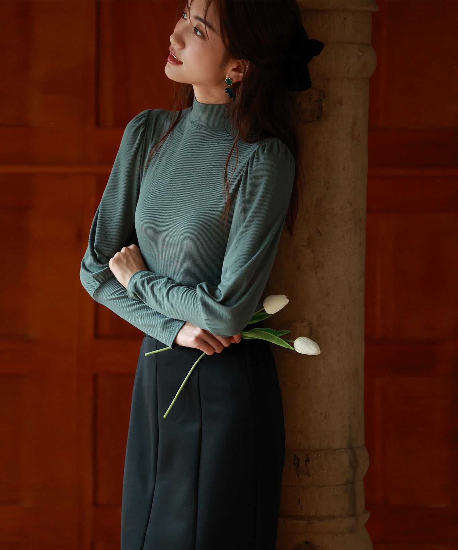 バルーンスリーブプチハイネックカットソーsdp0038 ダークグリーン