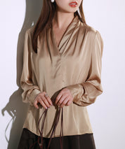 サテン素材ショルダータックブラウスsdp0040 ダークベージュ