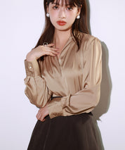 サテン素材ショルダータックブラウスsdp0040 ダークベージュ