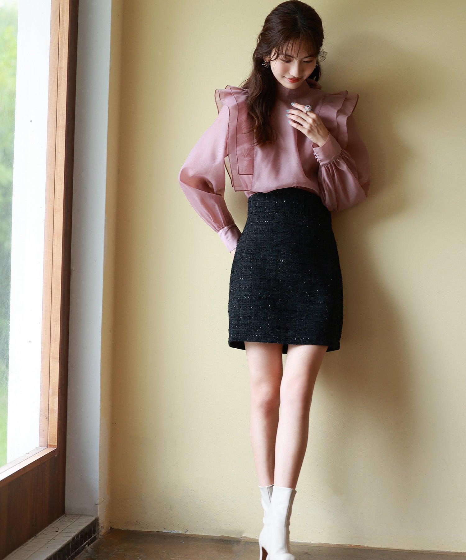 ツイード生地ペチパン付きミニスカートsdp0041 ブラック