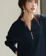 パール付きキーネックブラウスsdp0046 ネイビー
