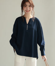 パール付きキーネックブラウスsdp0046 ネイビー