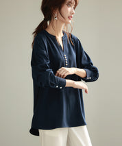 パール付きキーネックブラウスsdp0046 ネイビー