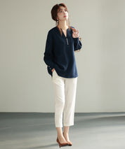 パール付きキーネックブラウスsdp0046 ネイビー