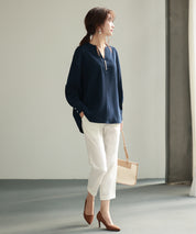 パール付きキーネックブラウスsdp0046 ネイビー