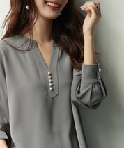 パール付きキーネックブラウスsdp0046 グレー