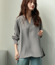 パール付きキーネックブラウスsdp0046 グレー