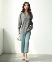 パール付きキーネックブラウスsdp0046 グレー