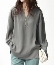 パール付きキーネックブラウスsdp0046 グレー