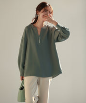 パール付きキーネックブラウスsdp0046 グリーン