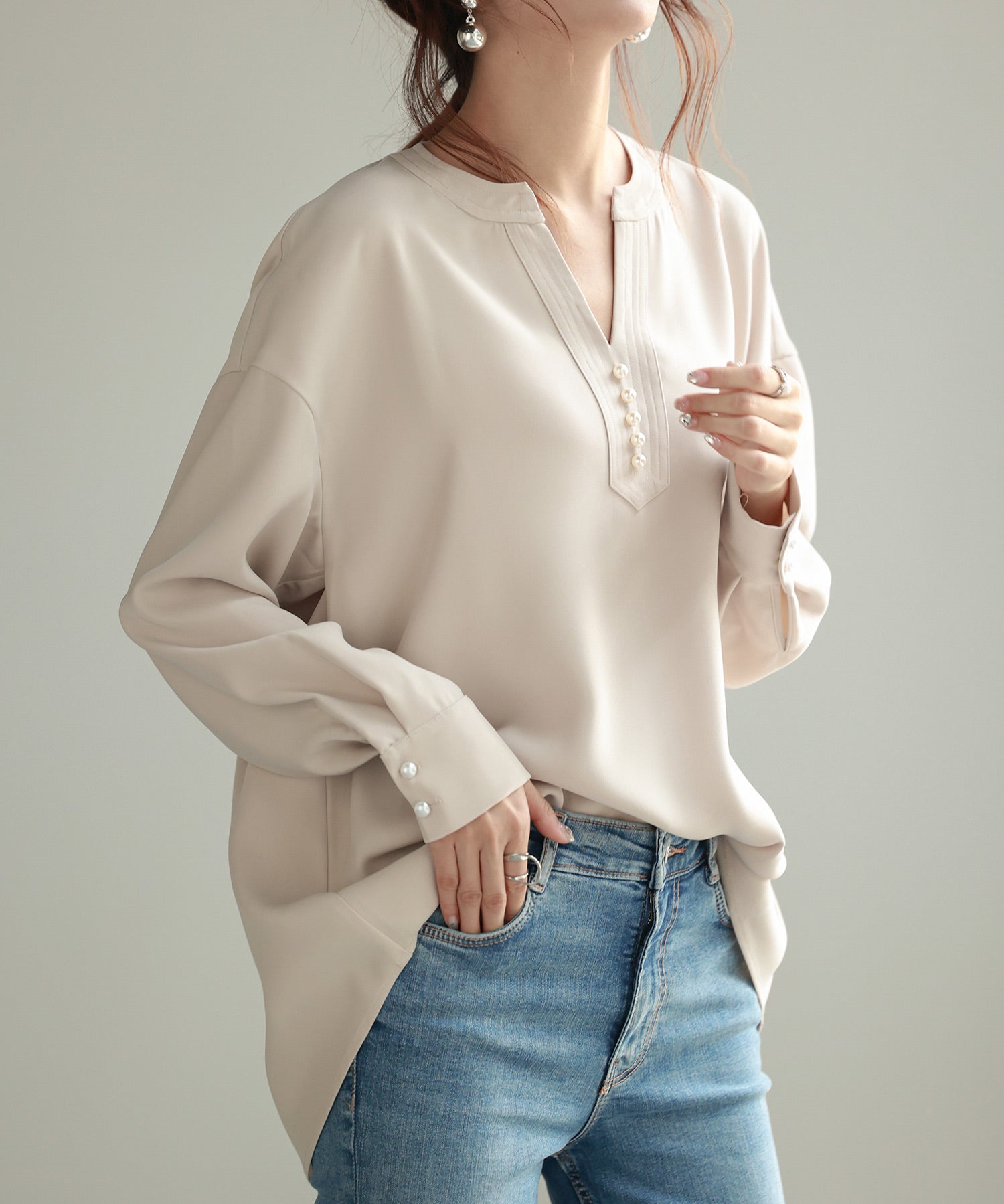 パール付きキーネックブラウスsdp0046-102-38