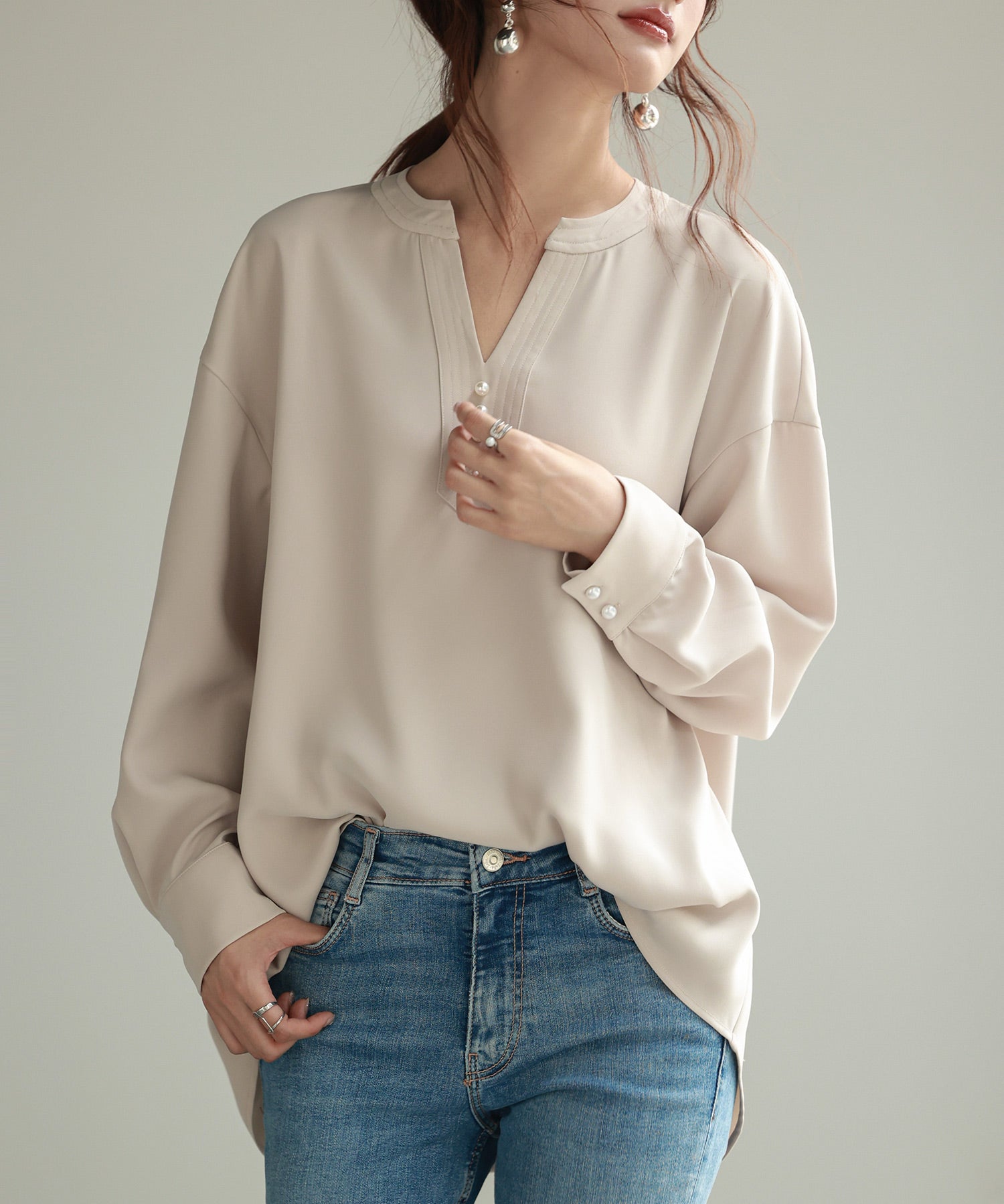 パール付きキーネックブラウスsdp0046 アイボリー