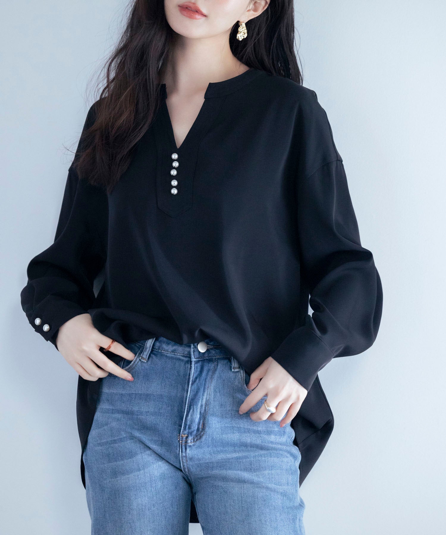 パール付きキーネックブラウスsdp0046-102-8