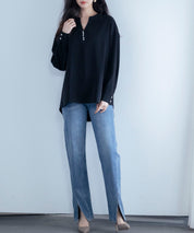 パール付きキーネックブラウスsdp0046 ブラック