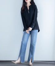 パール付きキーネックブラウスsdp0046 ブラック