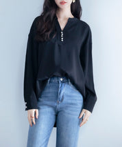 パール付きキーネックブラウスsdp0046 ブラック