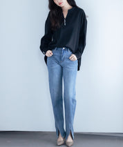 パール付きキーネックブラウスsdp0046 ブラック