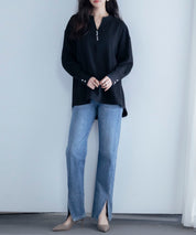 パール付きキーネックブラウスsdp0046 ブラック