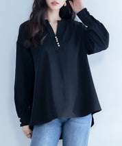 パール付きキーネックブラウスsdp0046 ブラック