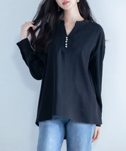 パール付きキーネックブラウスsdp0046 ブラック