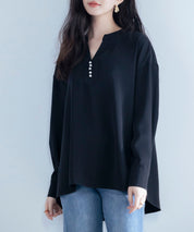 パール付きキーネックブラウスsdp0046 ブラック