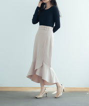 ラップ風ダブルベルトミモレ丈スカートsdp0057b ピンク