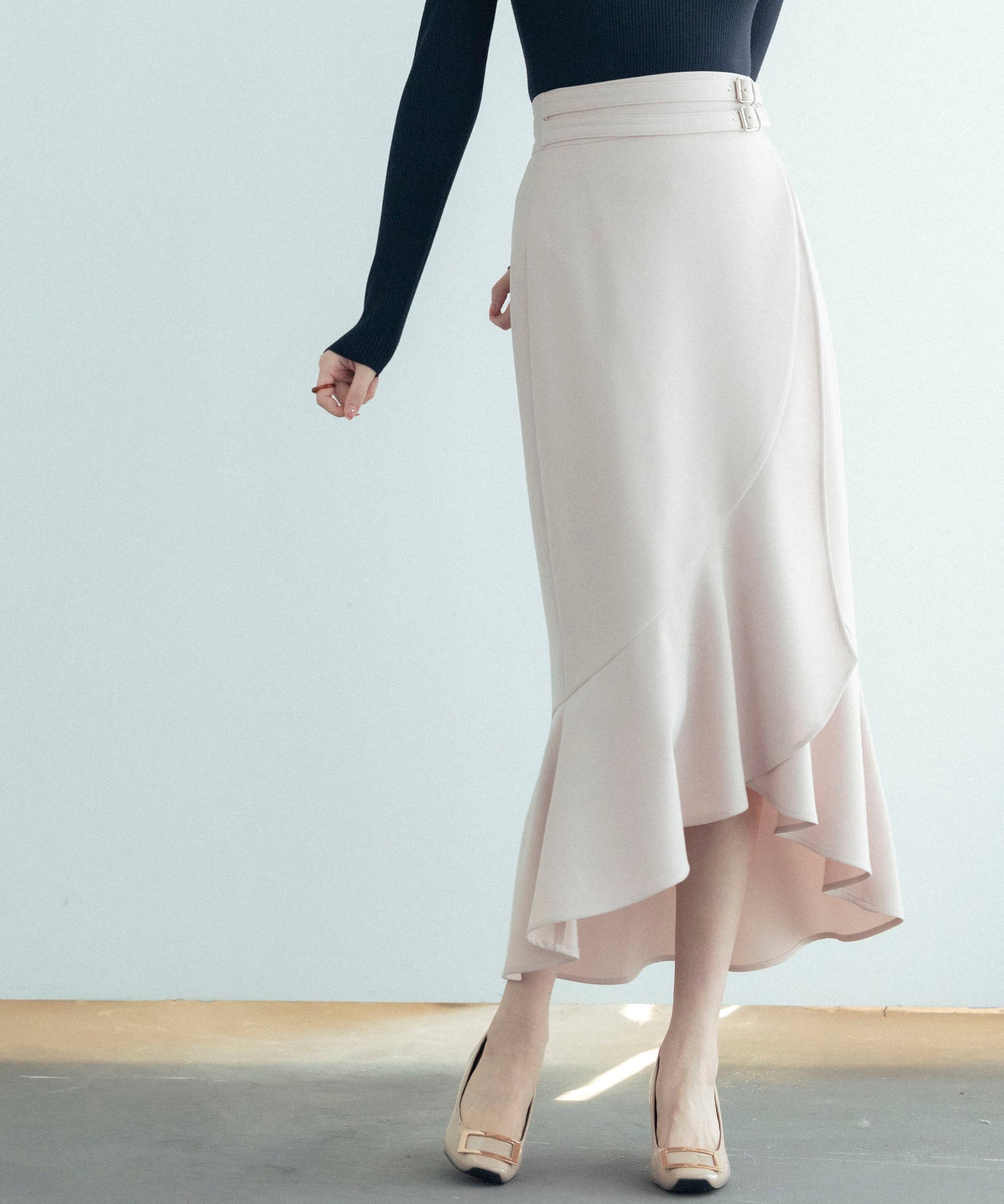 ラップ風ダブルベルトミモレ丈スカートsdp0057b ピンク