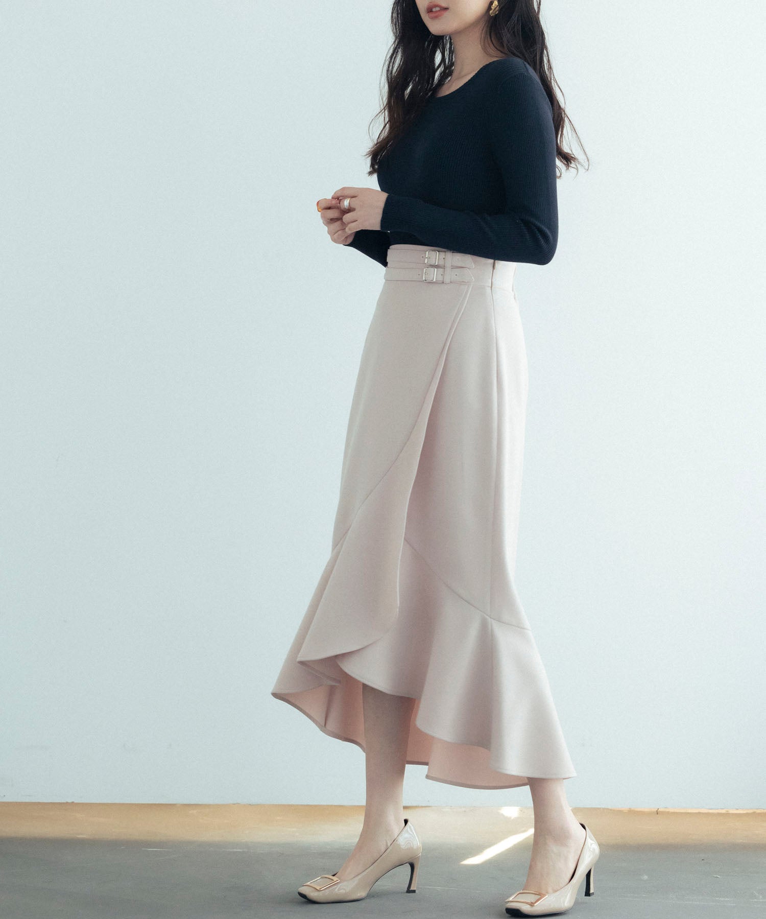 ラップ風ダブルベルトミモレ丈スカートsdp0057b ピンク