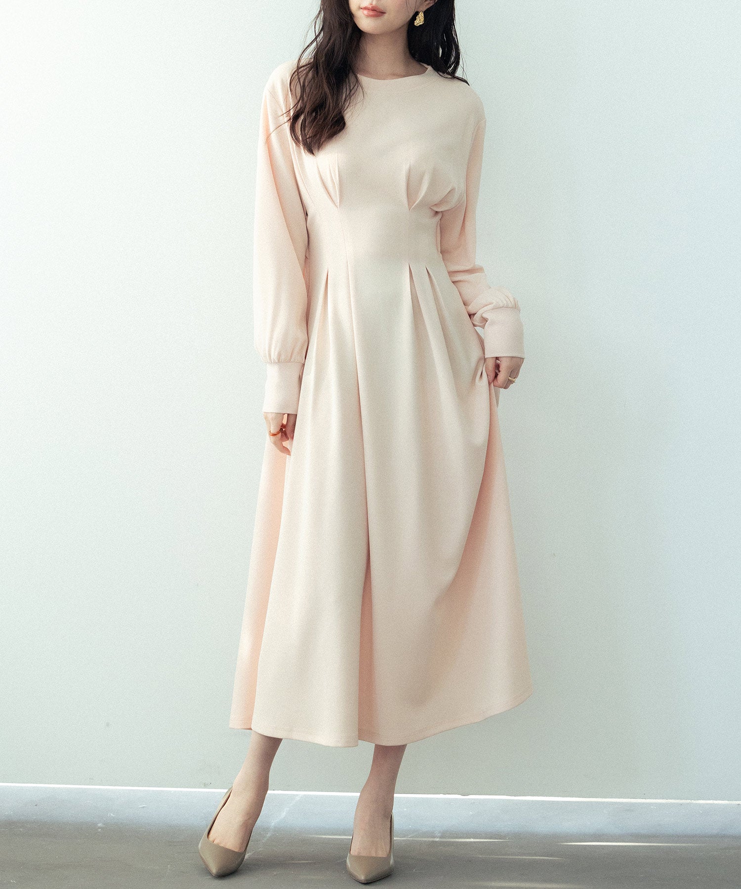 タックデザインミモレ丈カットソーワンピースsdp0087b ベージュ