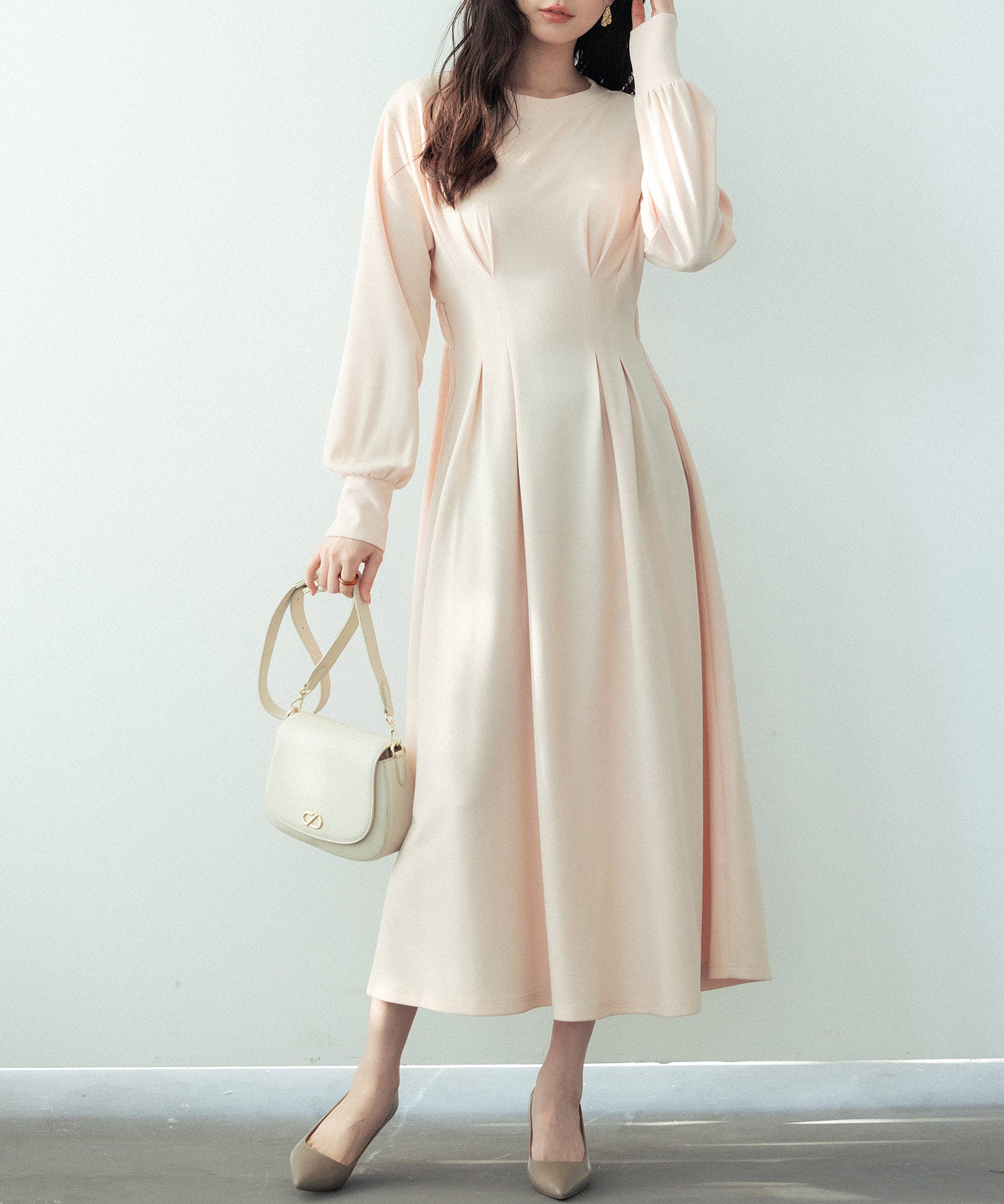 タックデザインミモレ丈カットソーワンピースsdp0087b ベージュ