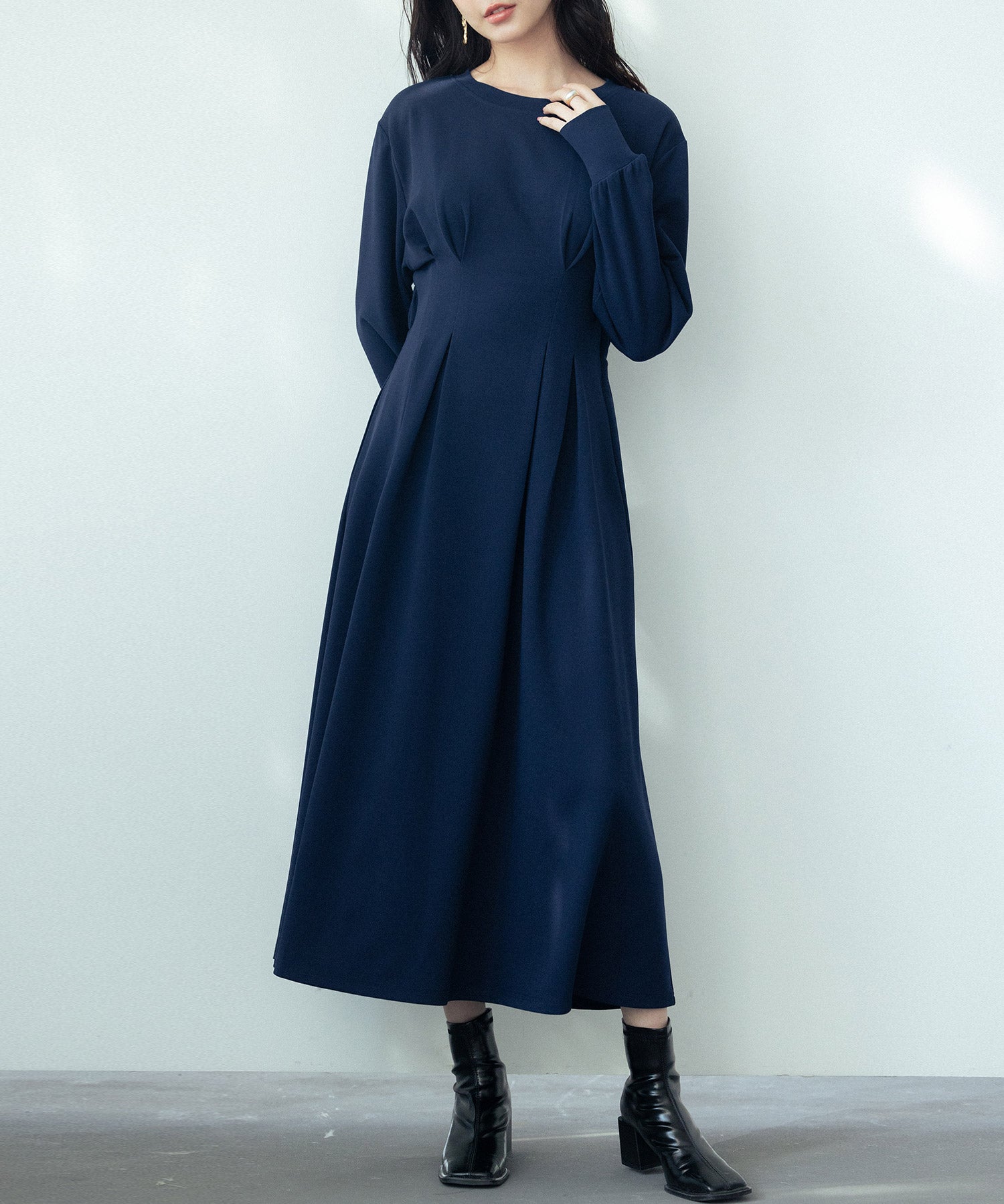 タックデザインミモレ丈カットソーワンピースsdp0087b ネイビー