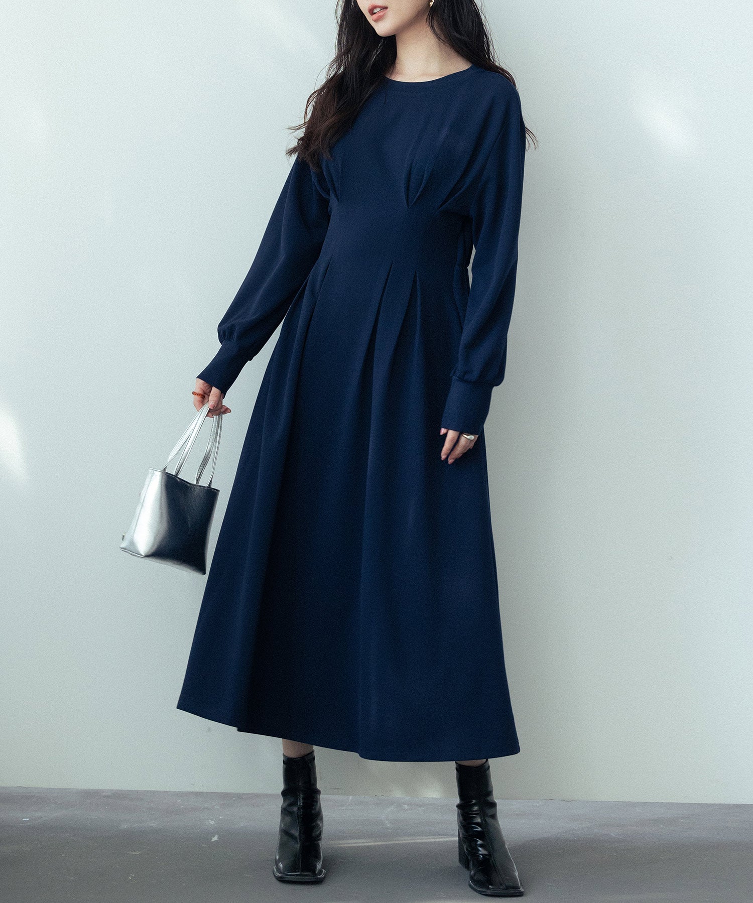 タックデザインミモレ丈カットソーワンピースsdp0087b ネイビー