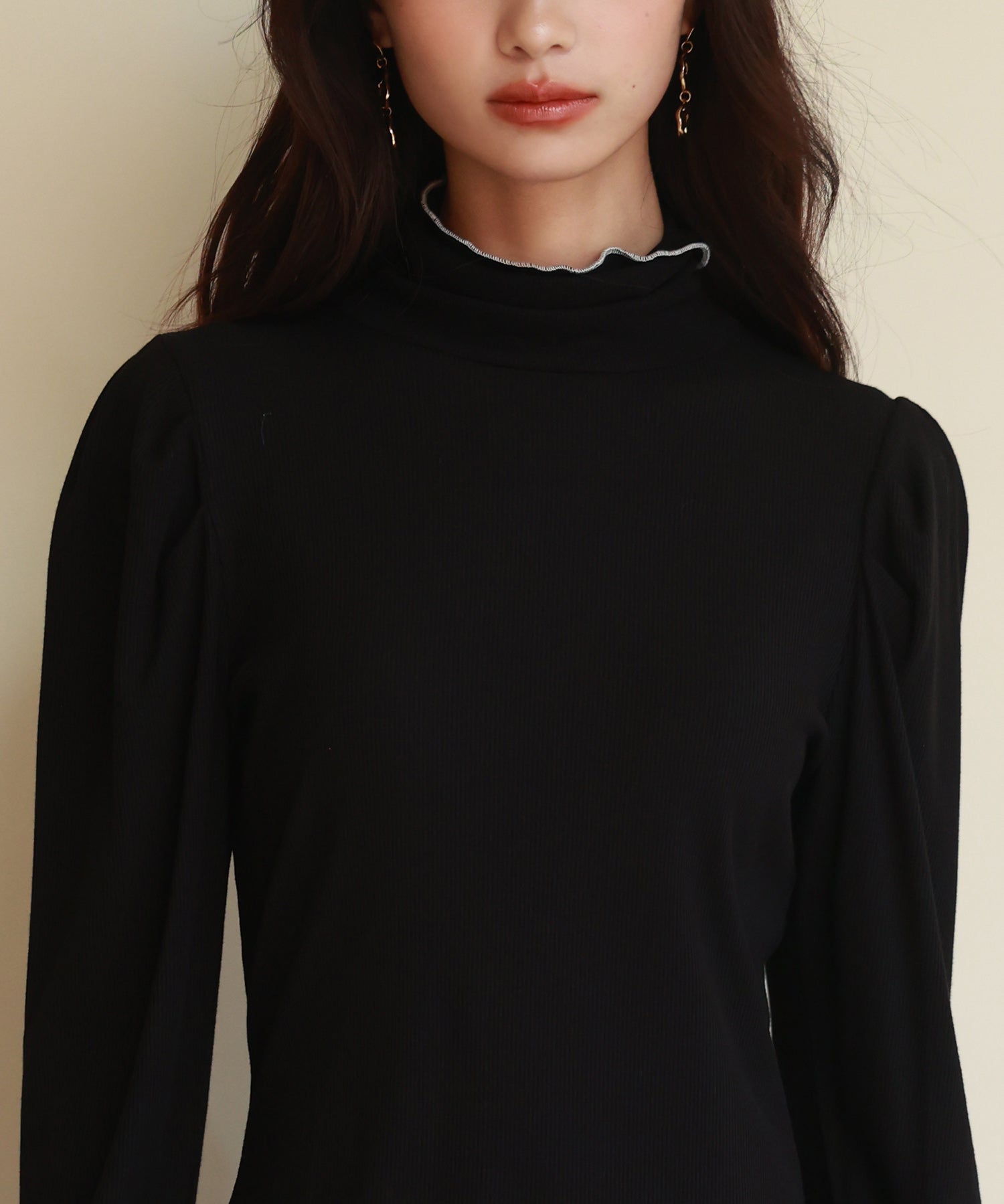 タートルネックリブカットソートップスsdp0104 ブラック