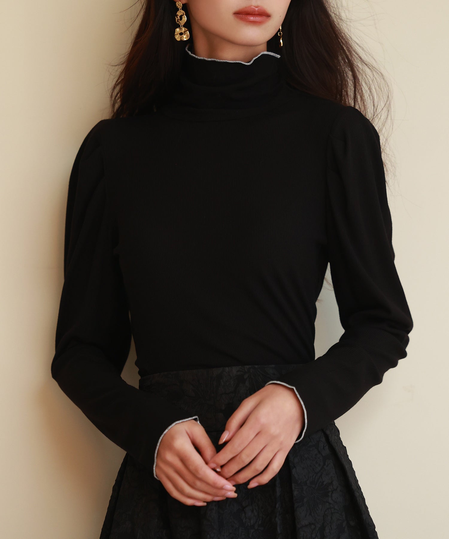 タートルネックリブカットソートップスsdp0104 ブラック