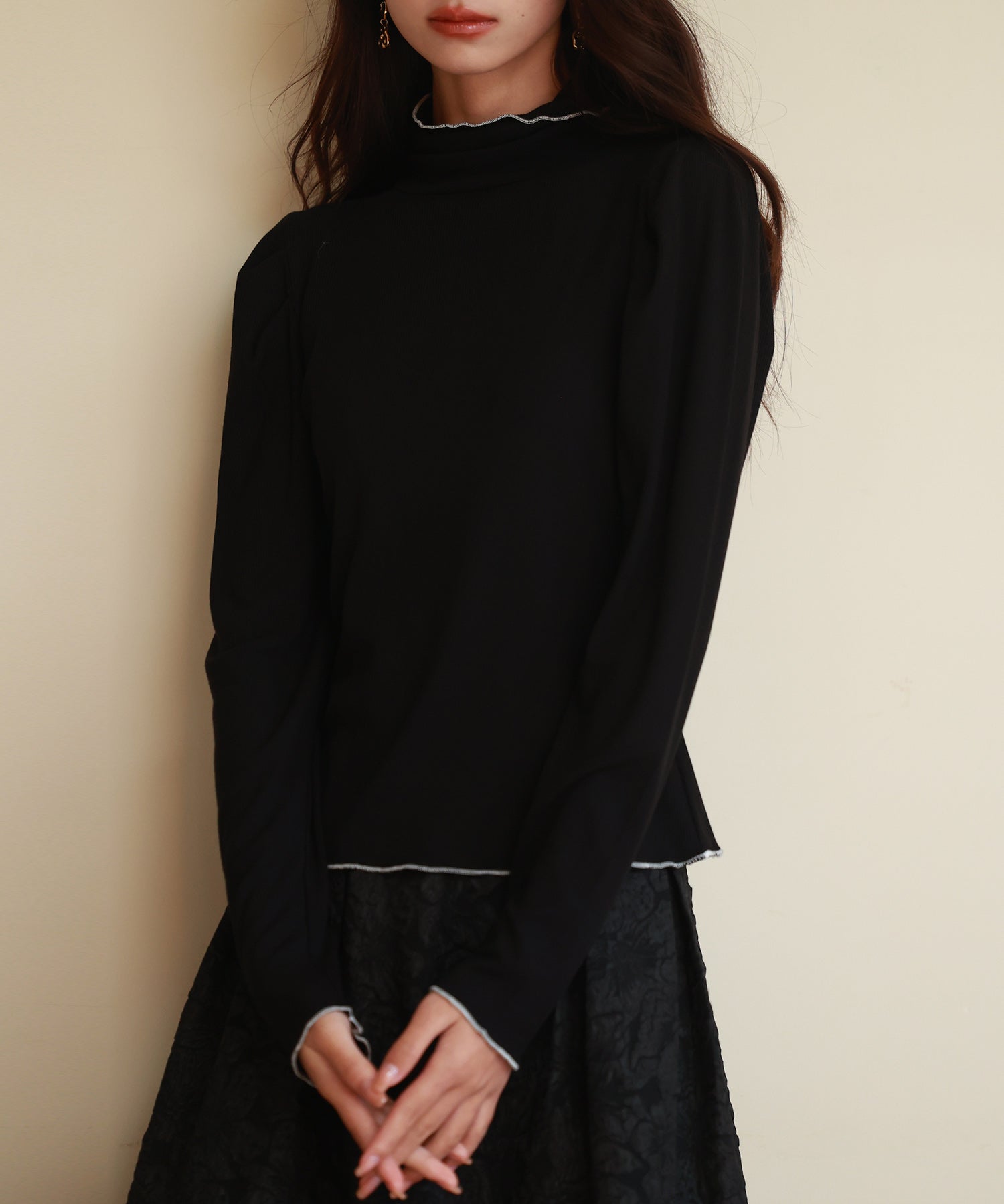 タートルネックリブカットソートップスsdp0104 ブラック