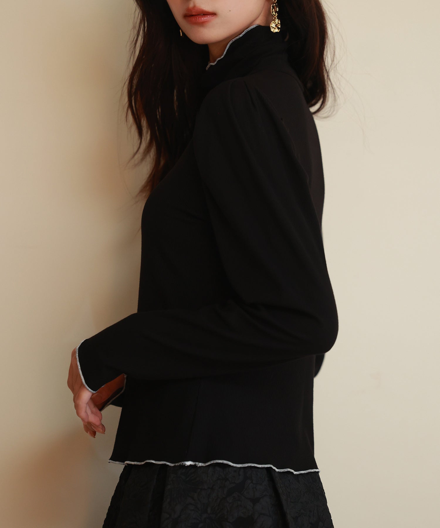 タートルネックリブカットソートップスsdp0104 ブラック
