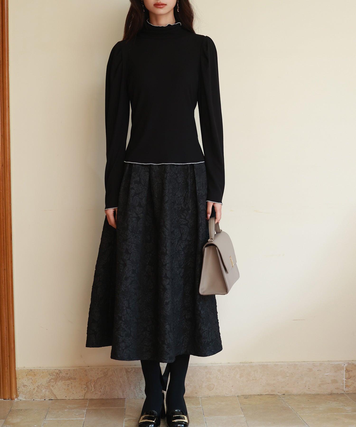 タートルネックリブカットソートップスsdp0104 ブラック