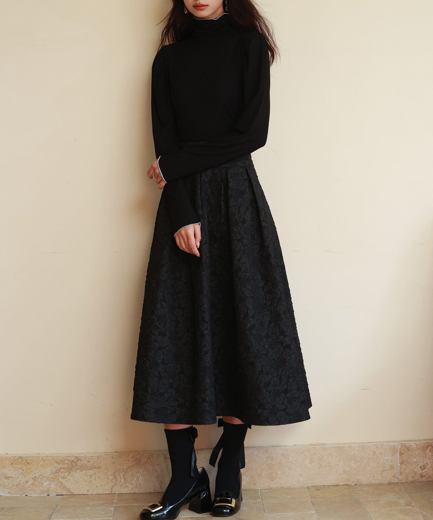 タートルネックリブカットソートップスsdp0104 ブラック