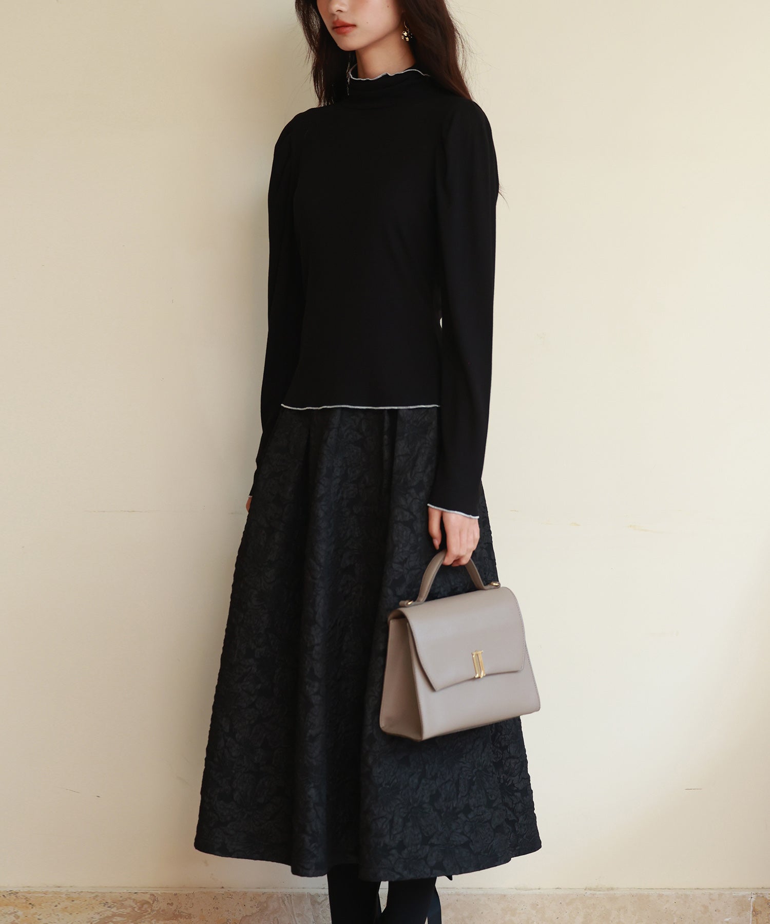 タートルネックリブカットソートップスsdp0104 ブラック