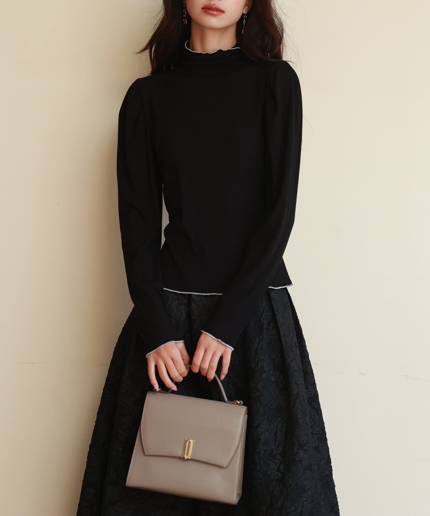 タートルネックリブカットソートップスsdp0104 ブラック