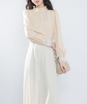 フリルスタンドカラーレース袖口ブラウスsdp0105 ベージュ