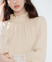 フリルスタンドカラーレース袖口ブラウスsdp0105 ベージュ