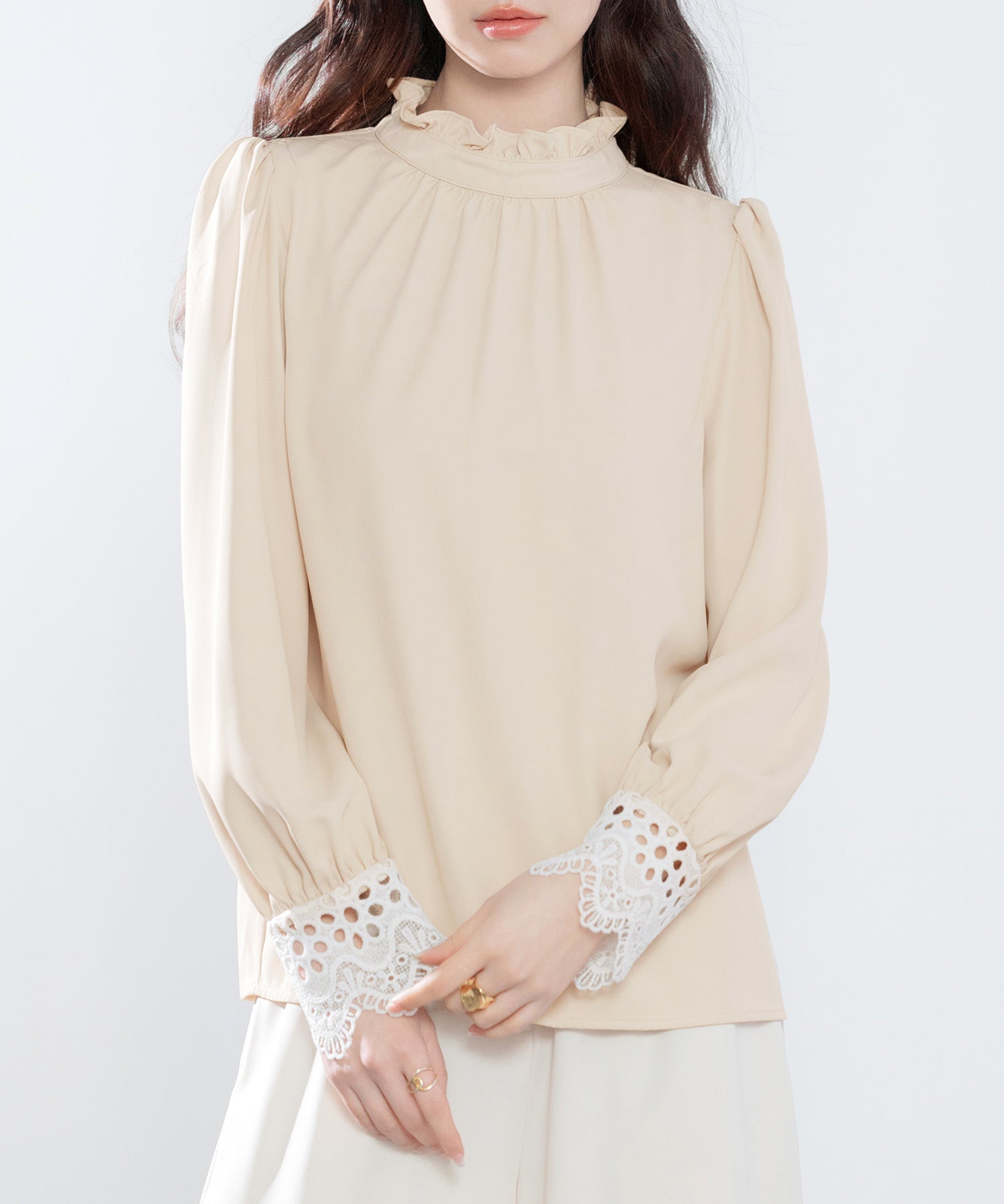 フリルスタンドカラーレース袖口ブラウスsdp0105 ベージュ