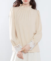 フリルスタンドカラーレース袖口ブラウスsdp0105 ベージュ