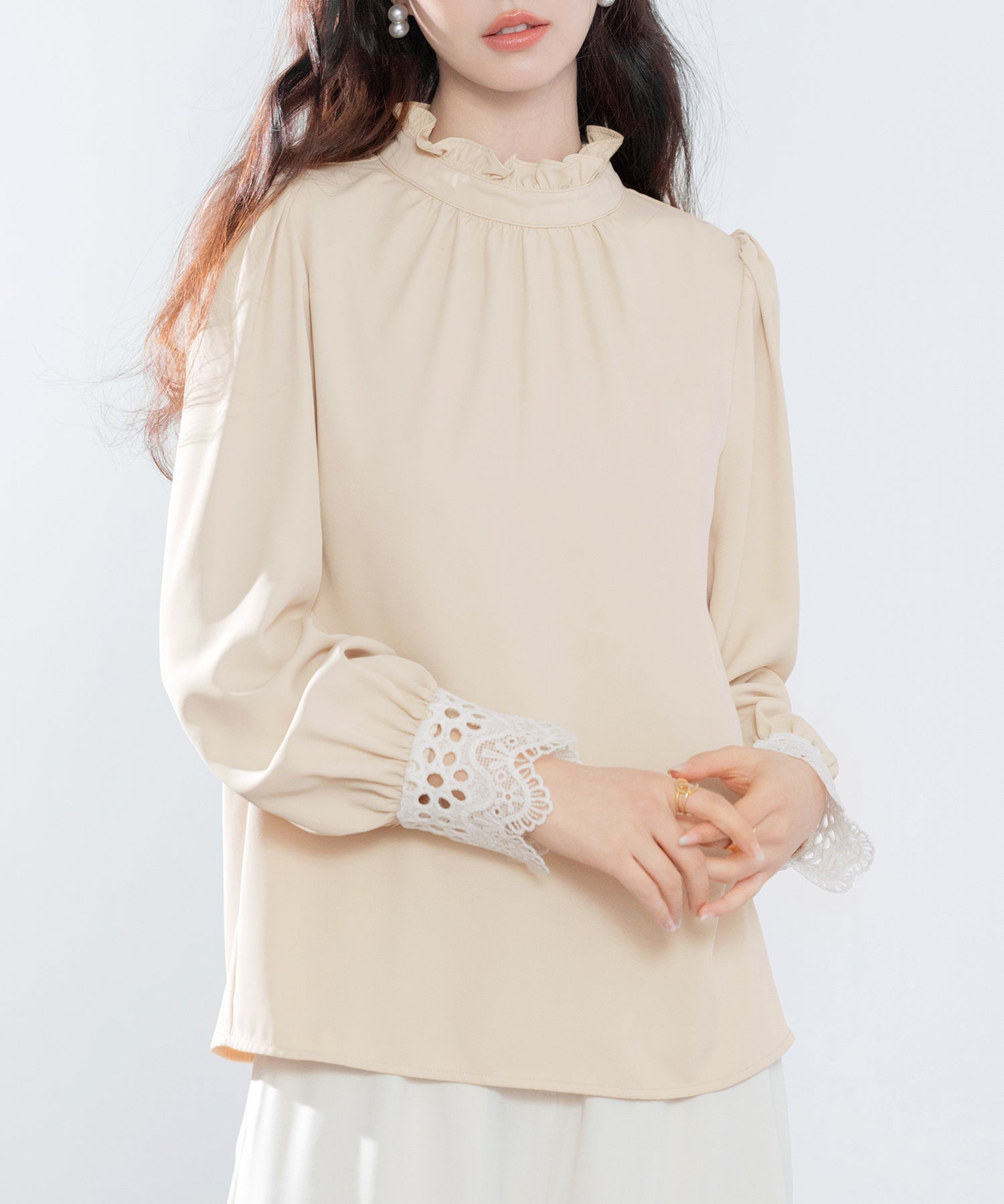 フリルスタンドカラーレース袖口ブラウスsdp0105 ベージュ