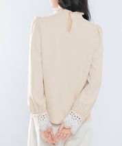 フリルスタンドカラーレース袖口ブラウスsdp0105 ベージュ