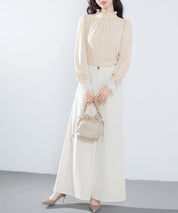 フリルスタンドカラーレース袖口ブラウスsdp0105 ベージュ