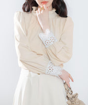 フリルスタンドカラーレース袖口ブラウスsdp0105 ベージュ